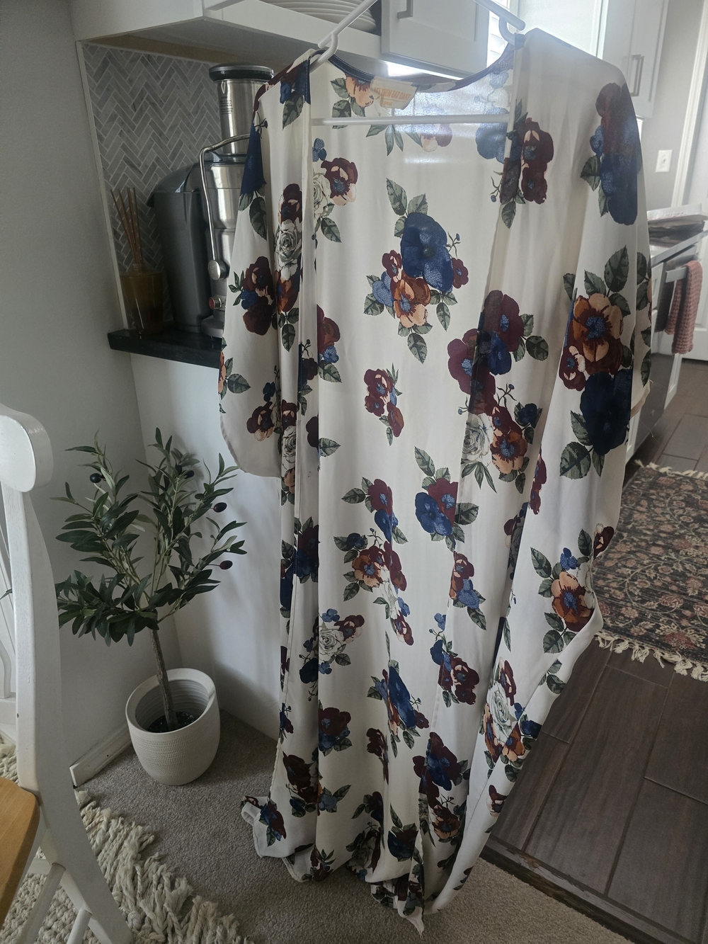 Floral Cream Kimono with Blue & Burgundy Blooms, S, LET THEM EAT CAKE